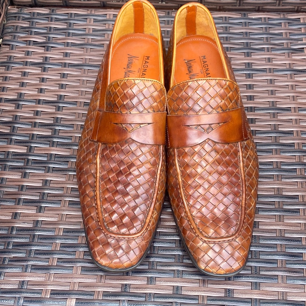 Magnanni Tan Woven Leather Penny Loafers